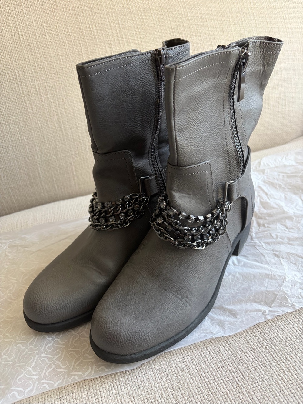 Vera Wang Gray Chain-Trim Ankle Boots